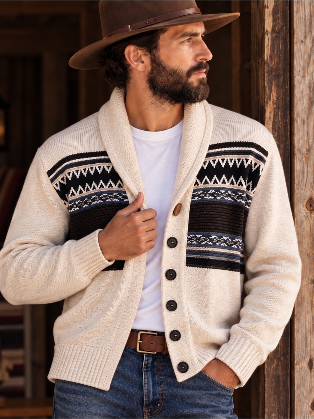 Urban Pipeline Mens L Cream Aztec Shawl Collar Cardigan Western Eclectic Grandpa